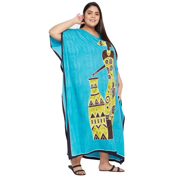 Women Plus Size Fit and Flare Tribal Print Sky Blue Kaftan Dress by Gypsie Blu - Picture 6 of 9